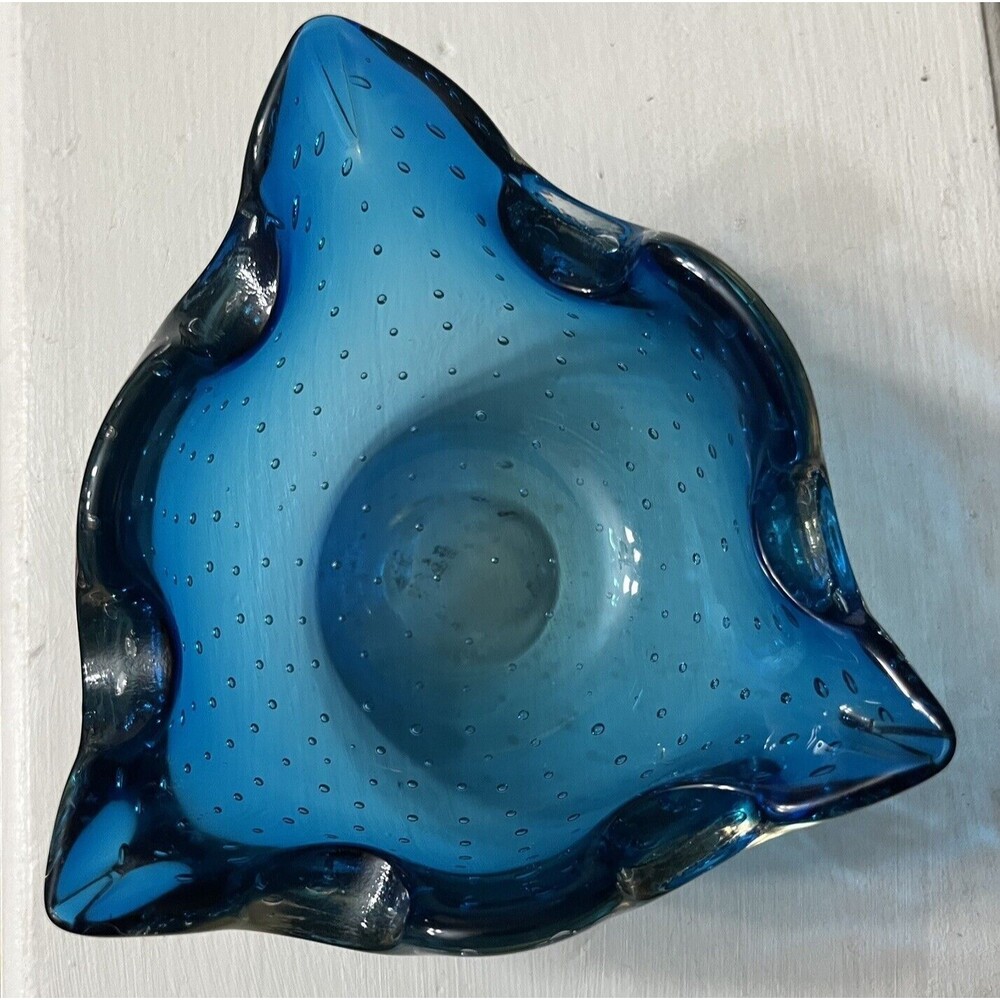 Blue Art Glass Bowl Controlled Bubble Trinket Candy Dish MCM Retro Ashtray - Picture 7 of 7